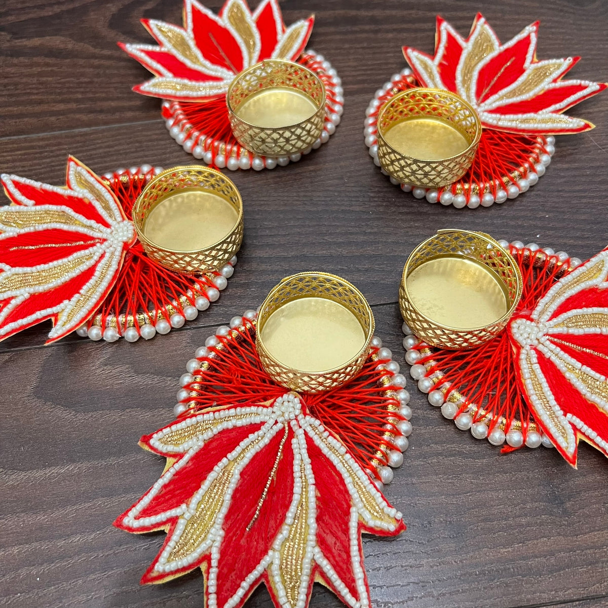 Lotus T-Light Diya - Red (Set of 5)