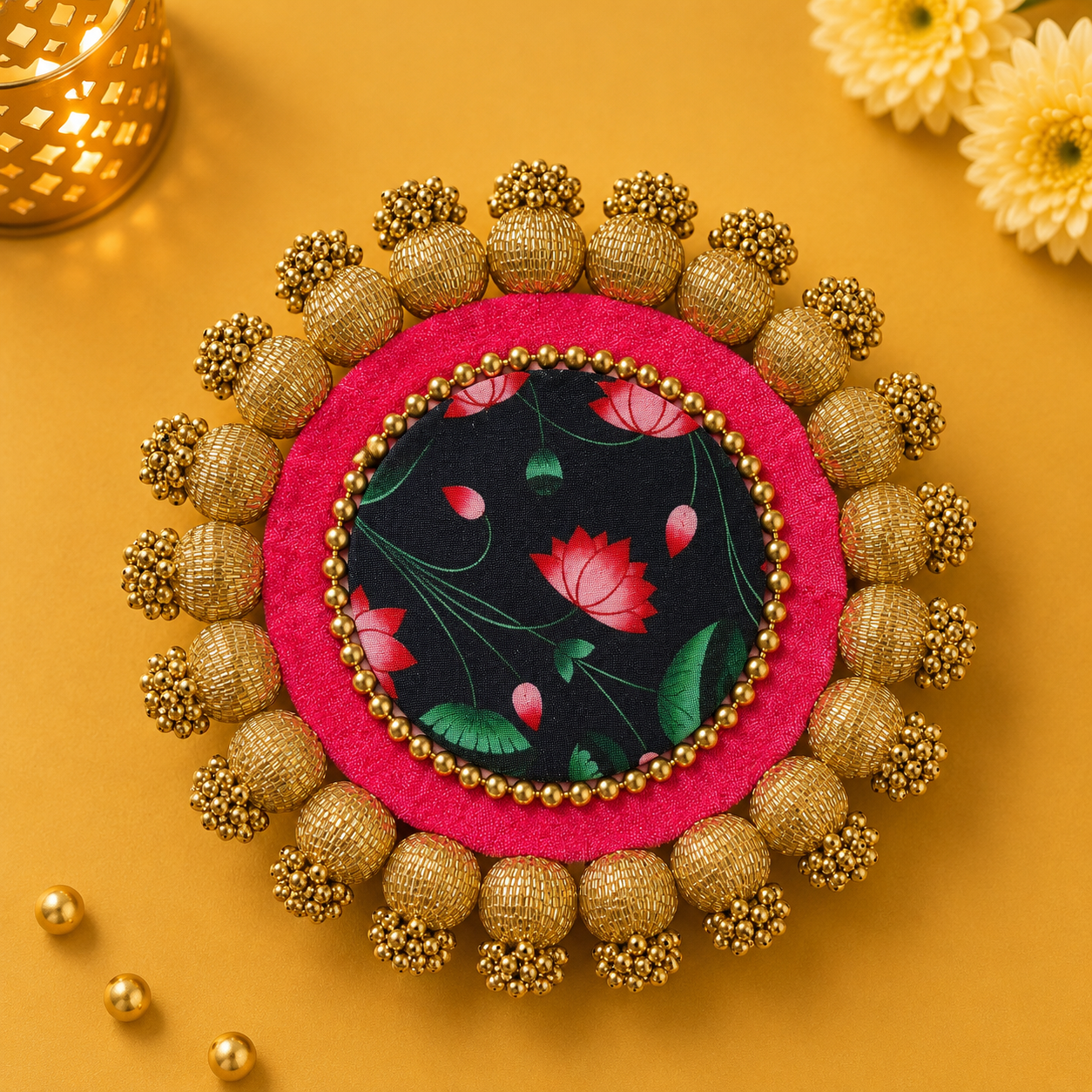 Patola - Pichwai Placemat (9 Inch) - Pink/Red Lotus