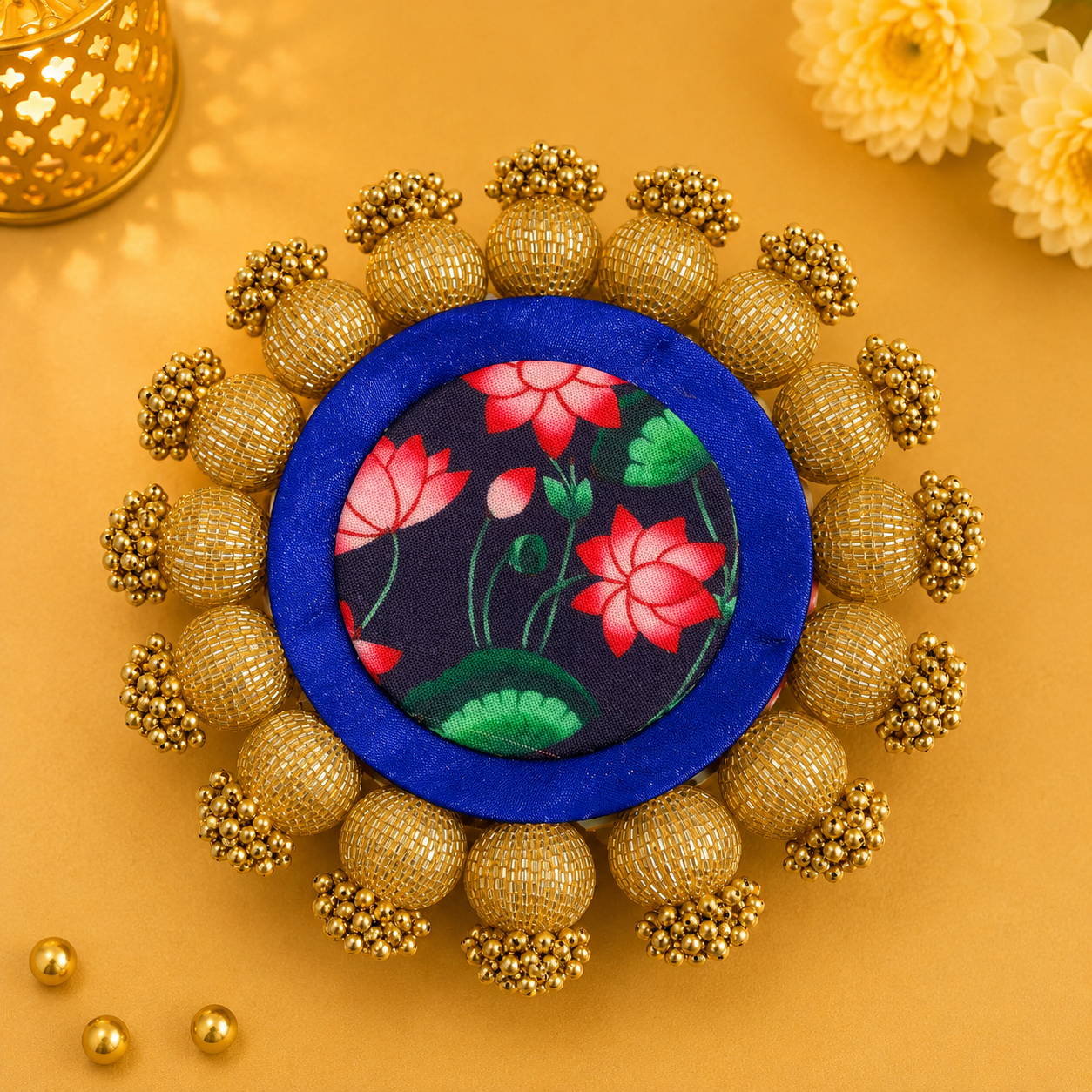 Napperon Diya / Pièce d'argent (6 pouces) - Lotus bleu/rouge