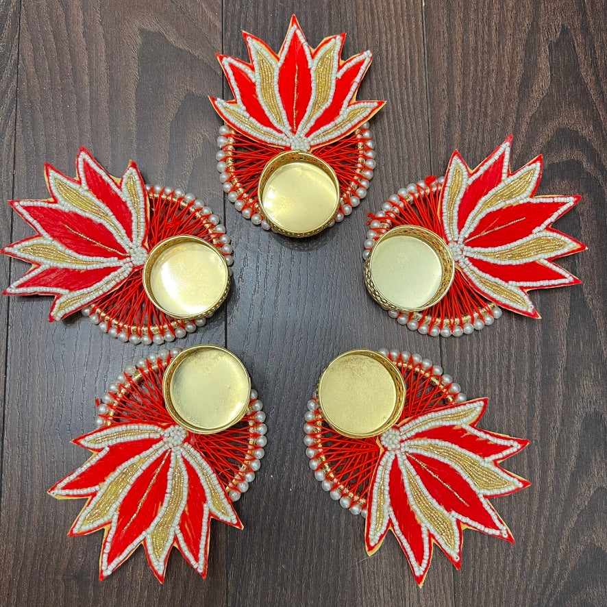 Lotus T-Light Diya - Red (Set of 5)