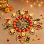 Ensemble bougeoirs T-Light en rangoli pompon – Étoile verte