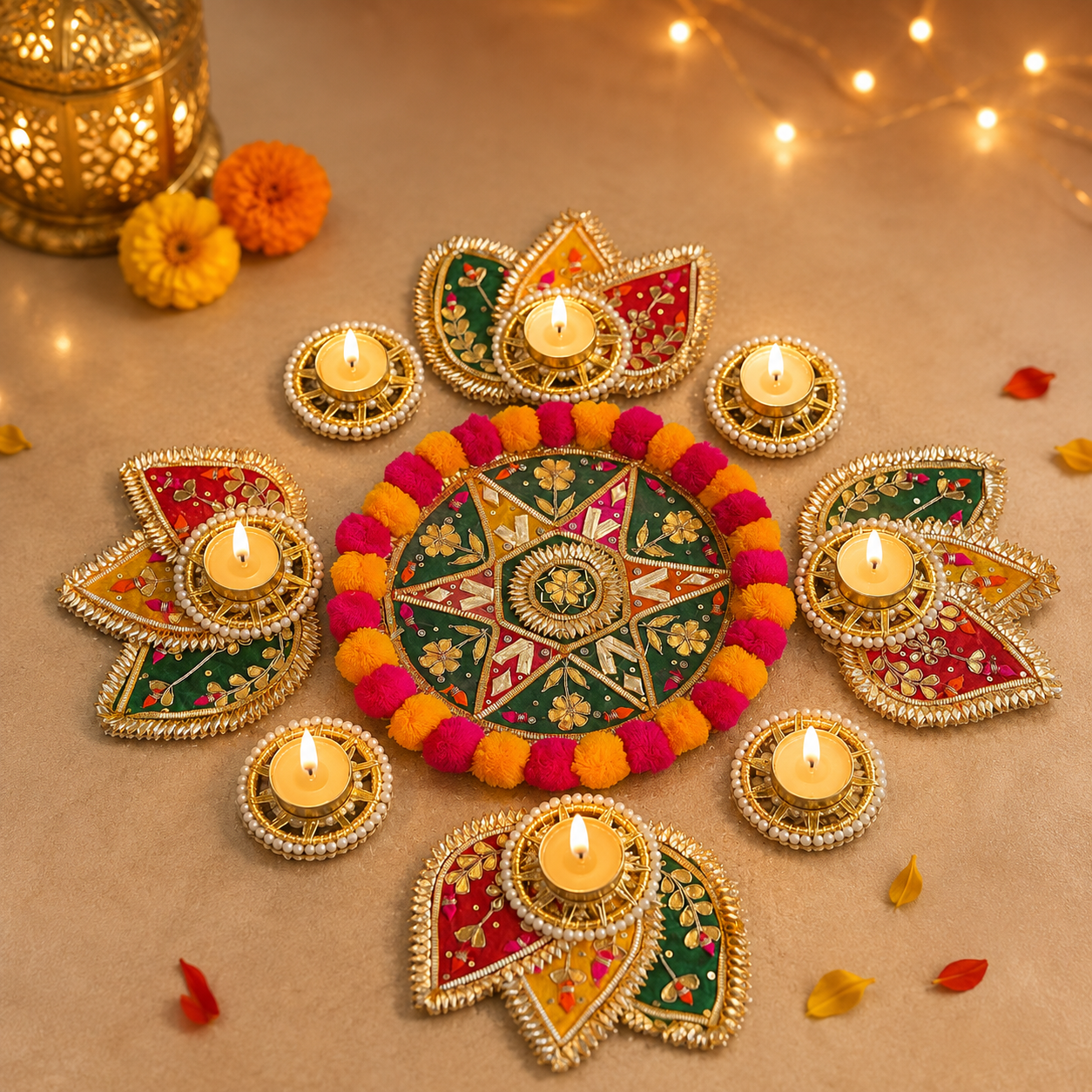 Ensemble bougeoirs T-Light en rangoli pompon – Étoile verte