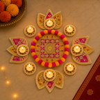 Ensemble de T-Lights Rangoli avec Pompons - Jaune et Rose
