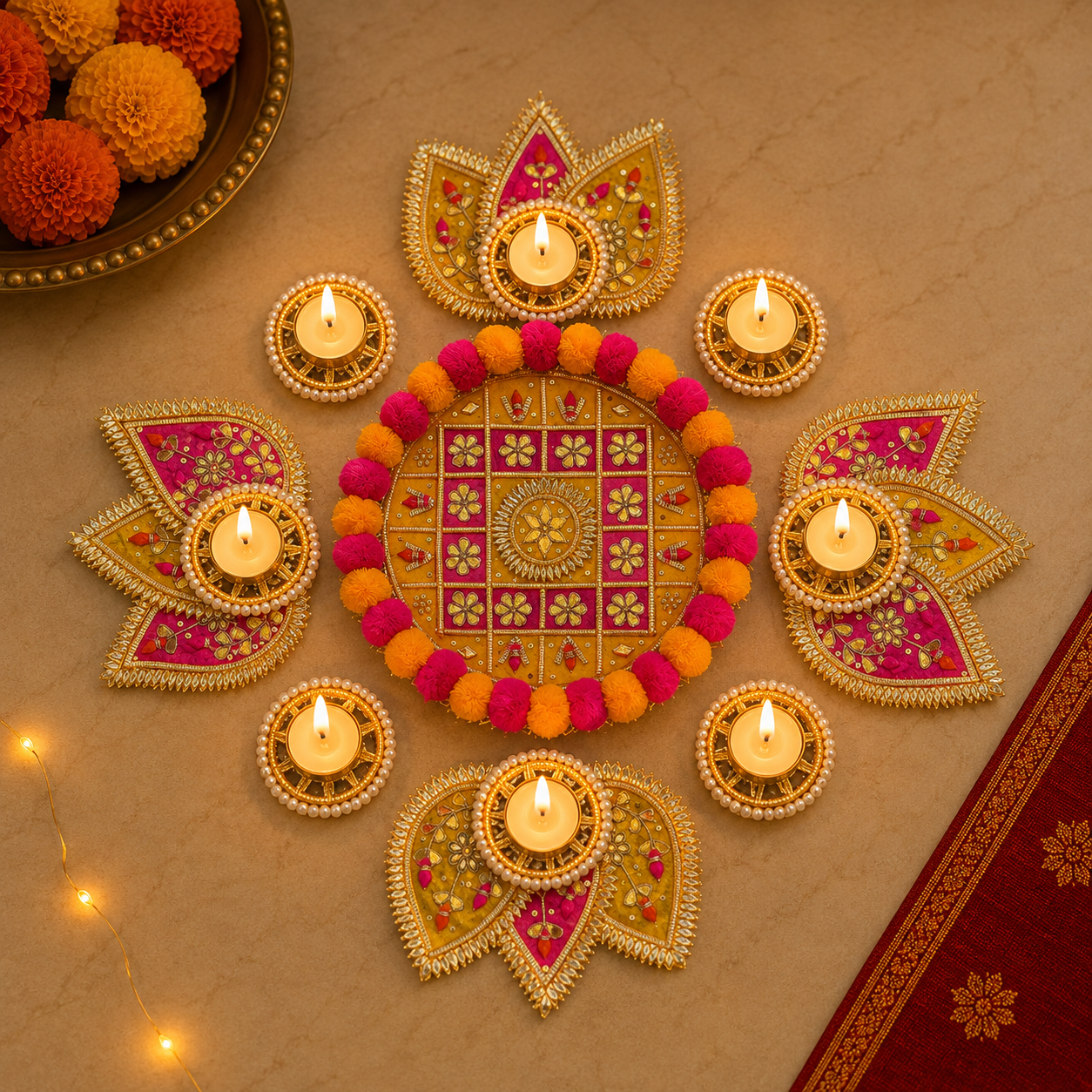 Ensemble de T-Lights Rangoli avec Pompons - Jaune et Rose