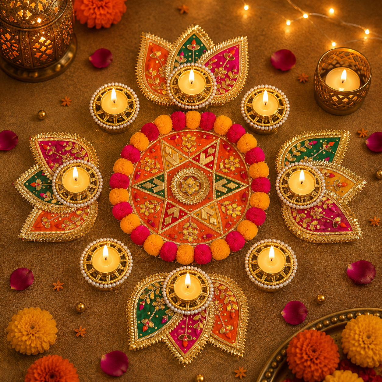 Ensemble de lanternes chauffe-plat Rangoli Pom Pom - Étoile orange