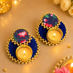 Set of 2 Diya - T Light Holders - Blue/Red Lotus