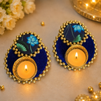 Set of 2 Diya - T Light Holders - Blue/Blue Lotus