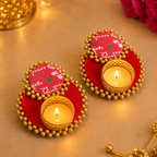 Set of 2 Diya - T Light Holders - Red Patola