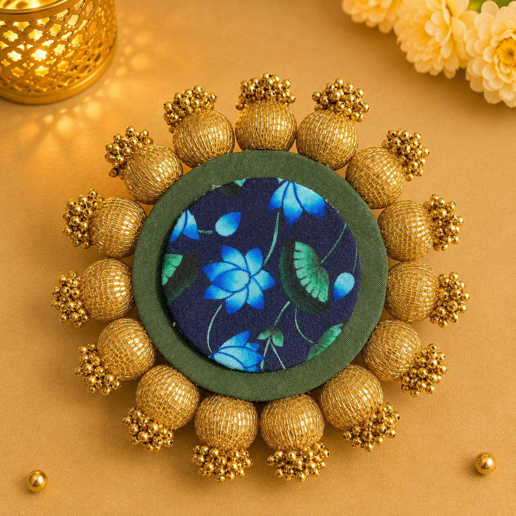 Nappe de table Diya / Monnaie d'argent (15 cm) - Lotus vert/bleu