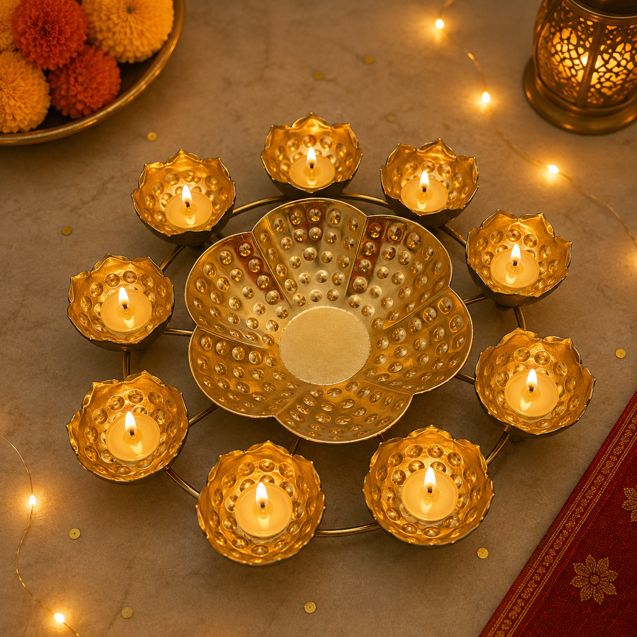 11" Metal Rangoli Urli - 9 Diya + Large Centre