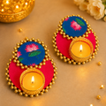 Set of 2 Diya - T Light Holders - Pink/Blue