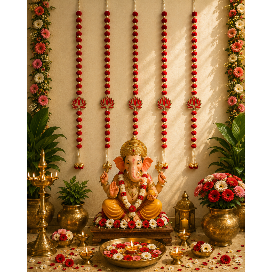 5ft Pom Pom Latkan - Red with Lotus (Set of 2)