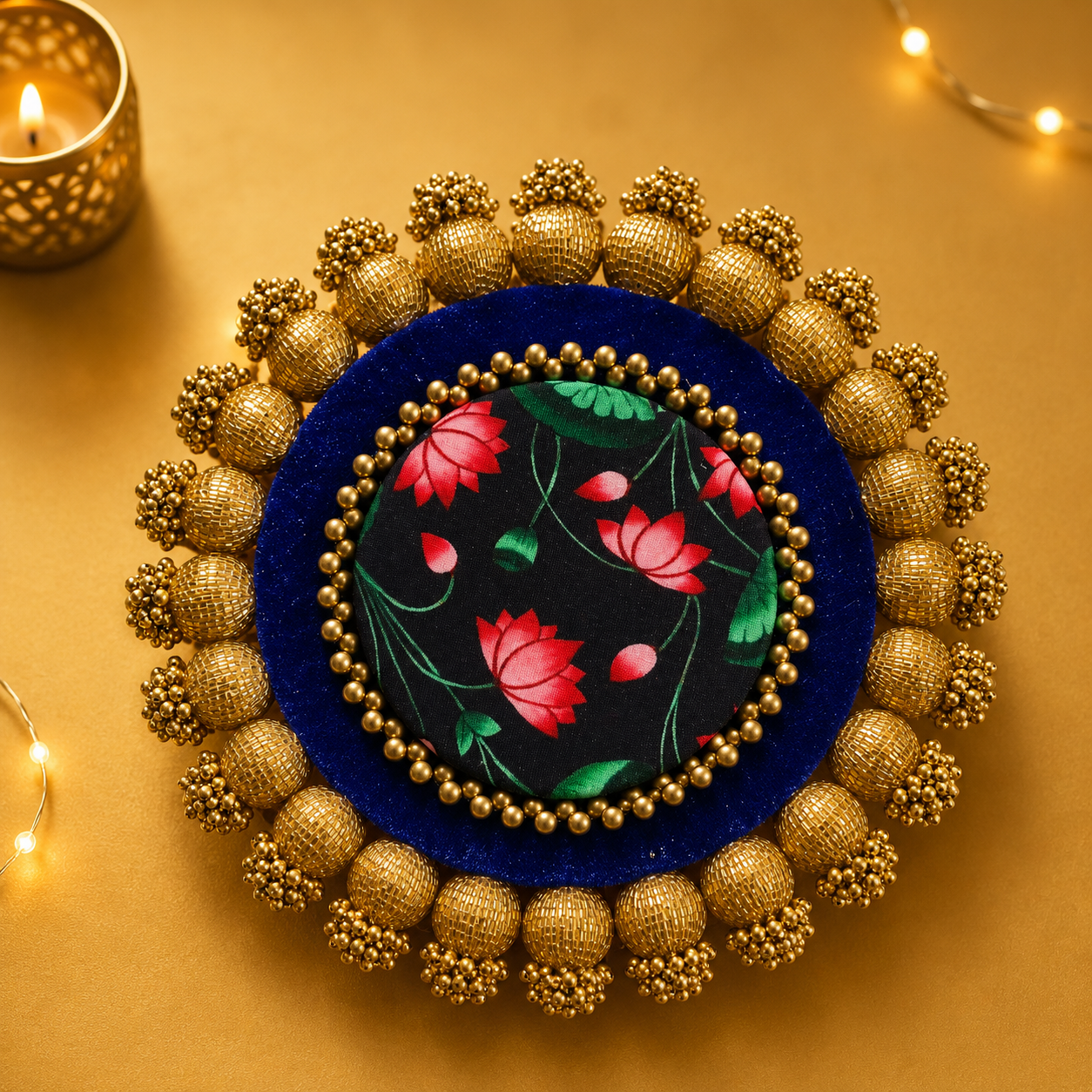 Patola - Pichwai Placemat (9 Inch) - Blue/Red Lotus