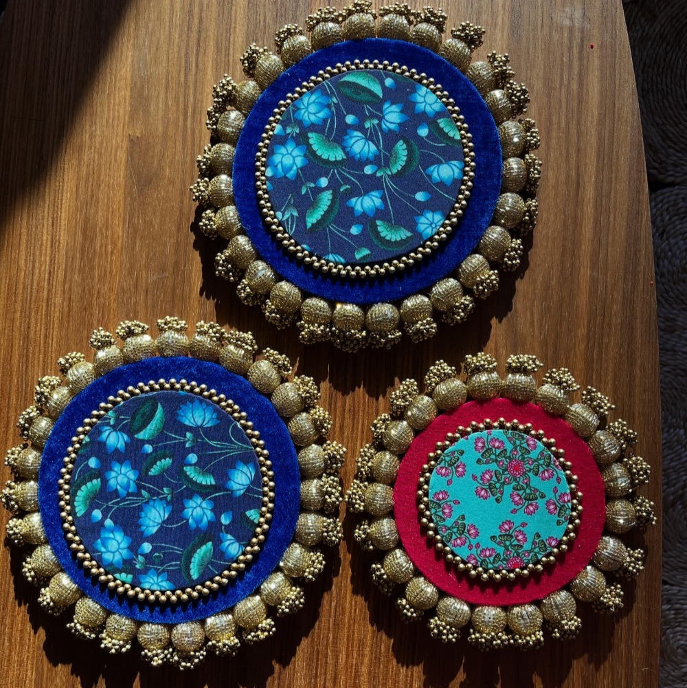Set de table rond réversible (lot de 3) - Patola rose/bleu marine