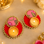 Set of 2 Diya - T Light Holders - Red/Pink Lotus