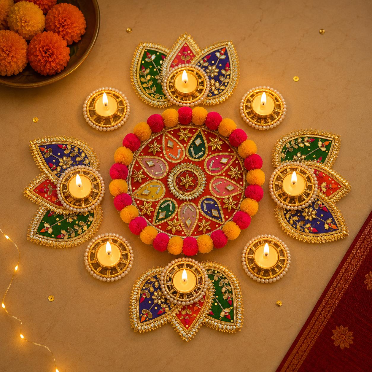 Ensemble Pom Pom Rangoli T-Light - Étoile rouge