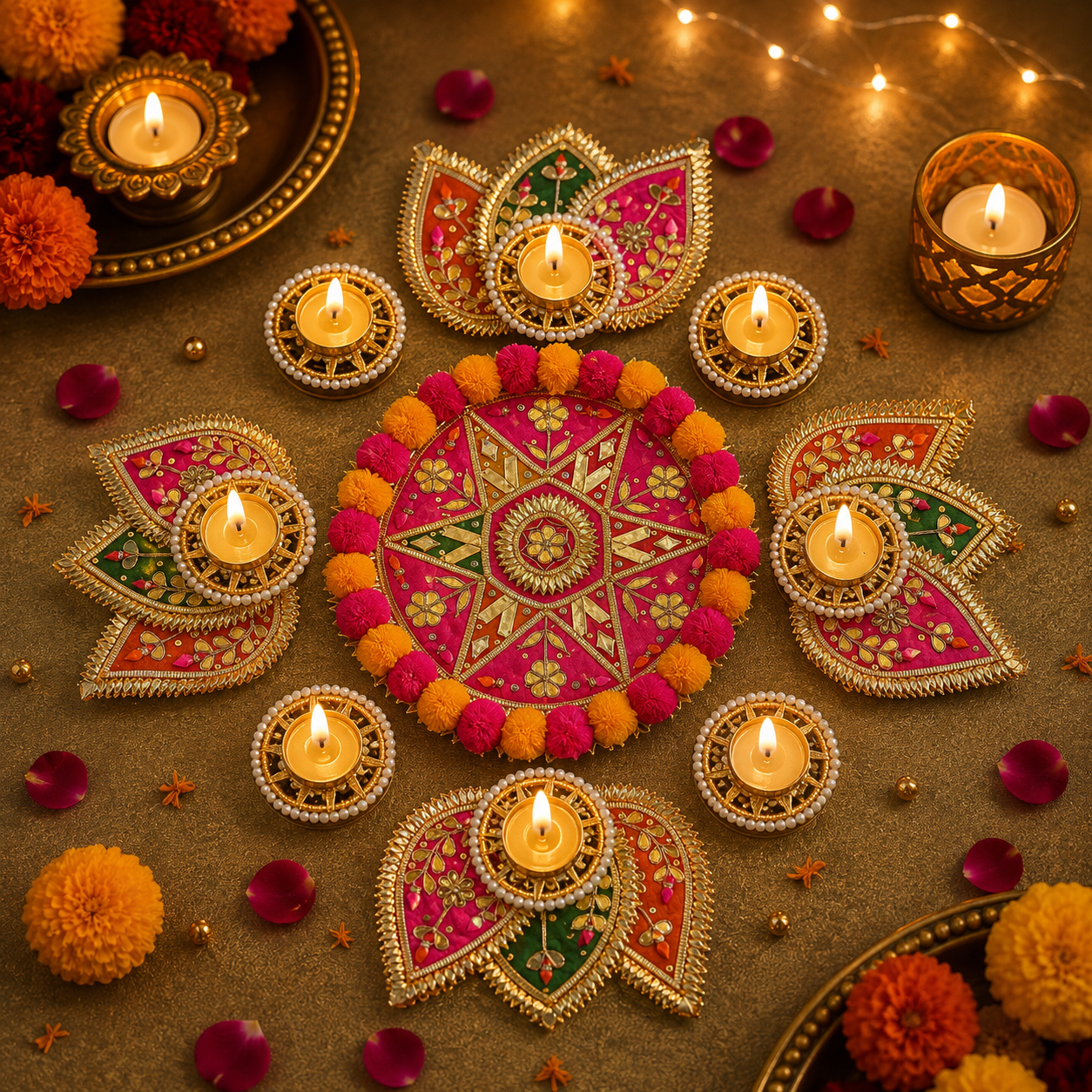 Pom Pom Rangoli T-Light Set - Pink Star