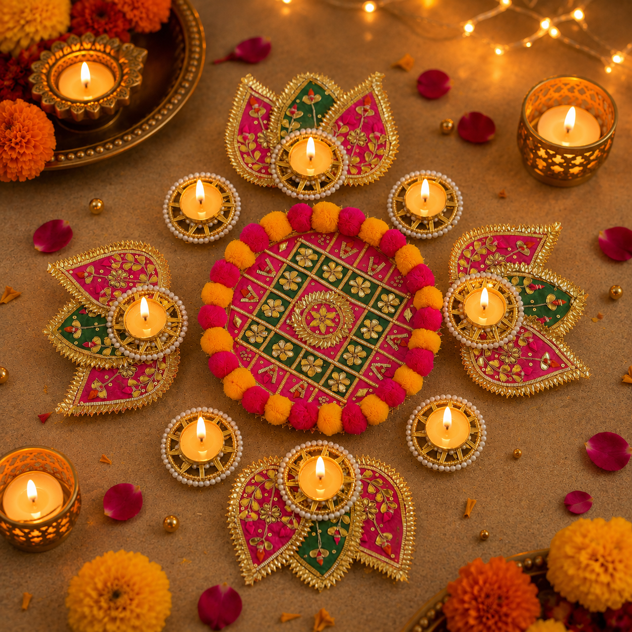 Pom Pom Rangoli T-Light Set - Pink with Green
