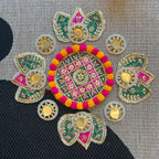 Pom Pom Rangoli T-Light Set - Green with Pink