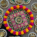 Pom Pom Rangoli T-Light Set - Green with Pink