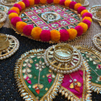 Pom Pom Rangoli T-Light Set - Green with Pink