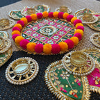 Pom Pom Rangoli T-Light Set - Green with Pink