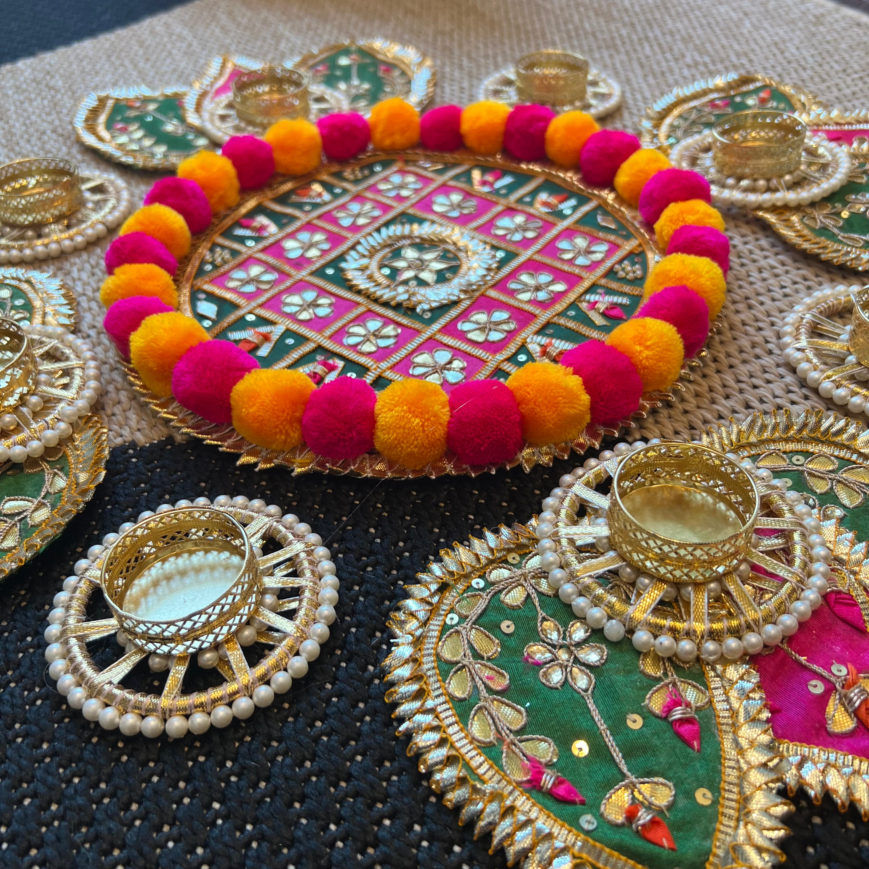 Pom Pom Rangoli T-Light Set - Green with Pink