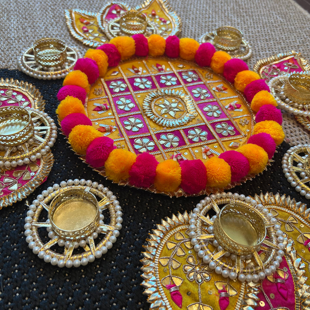 Pom Pom Rangoli T-Light Set - Yellow with Pink
