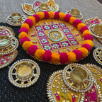 Pom Pom Rangoli T-Light Set - Yellow with Pink