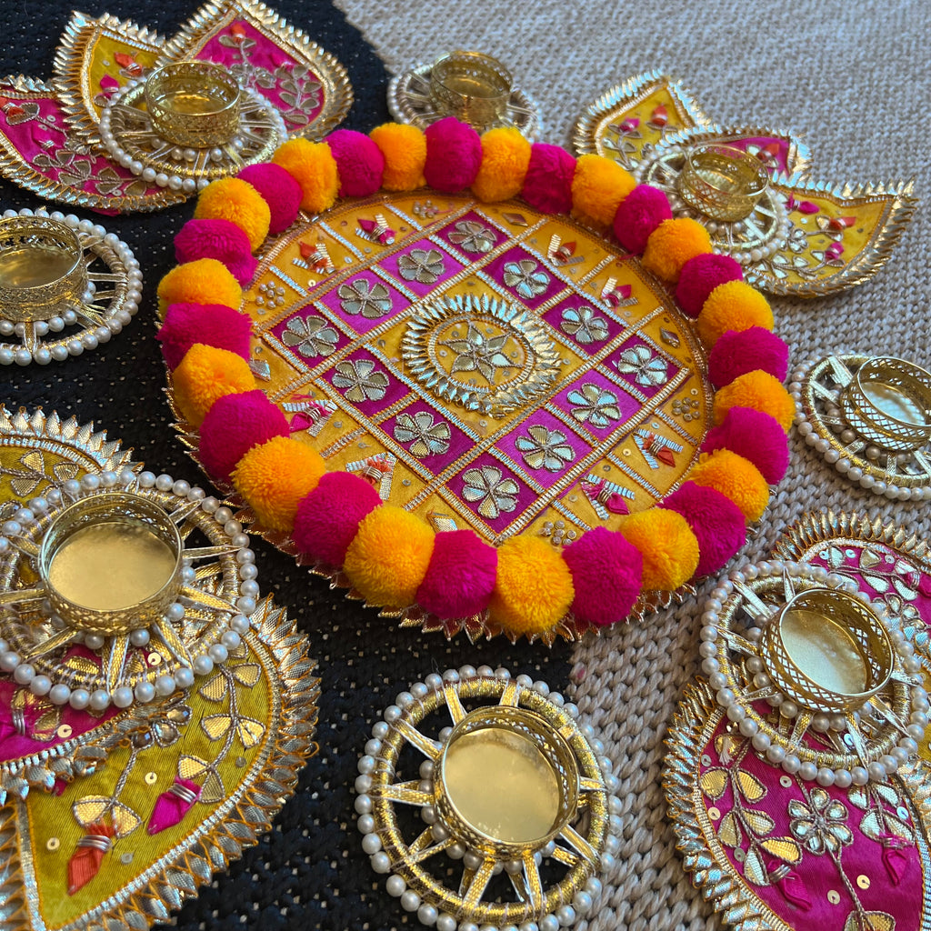 Pom Pom Rangoli T-Light Set - Yellow with Pink