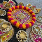 Pom Pom Rangoli T-Light Set - Yellow with Pink