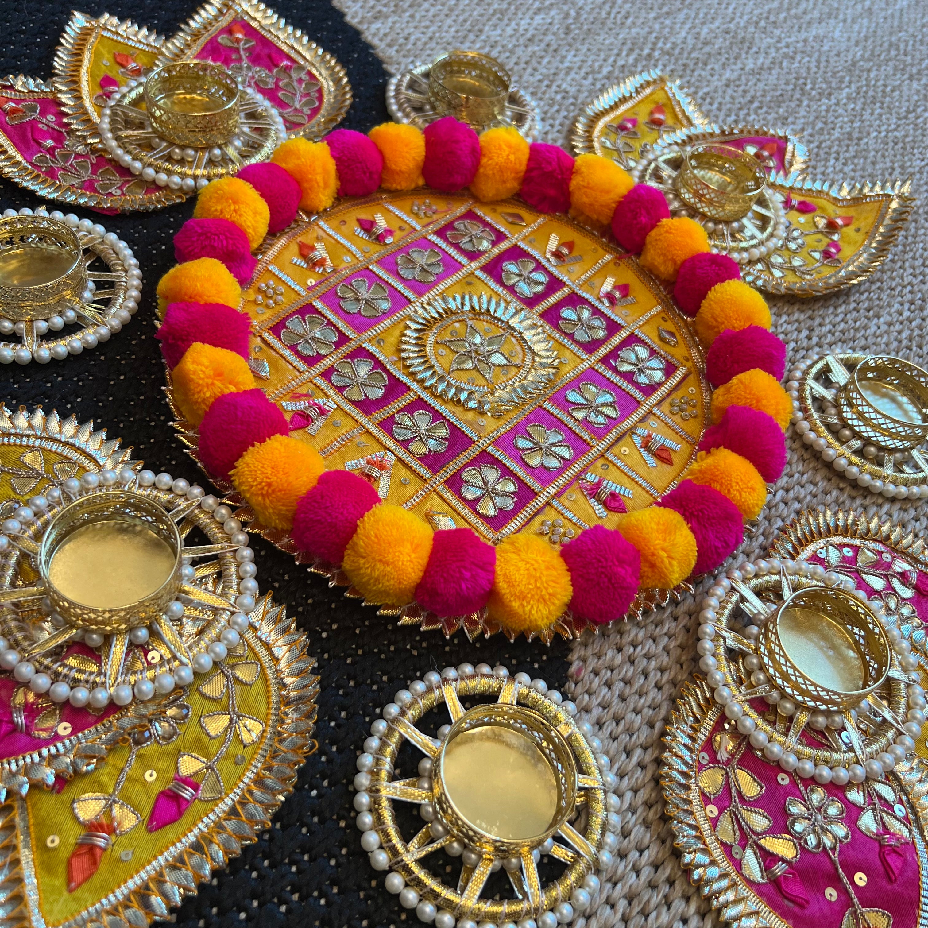 Pom Pom Rangoli T-Light Set - Yellow with Pink