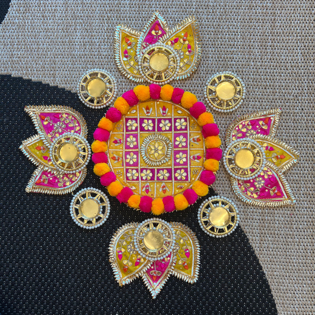 Pom Pom Rangoli T-Light Set - Yellow with Pink