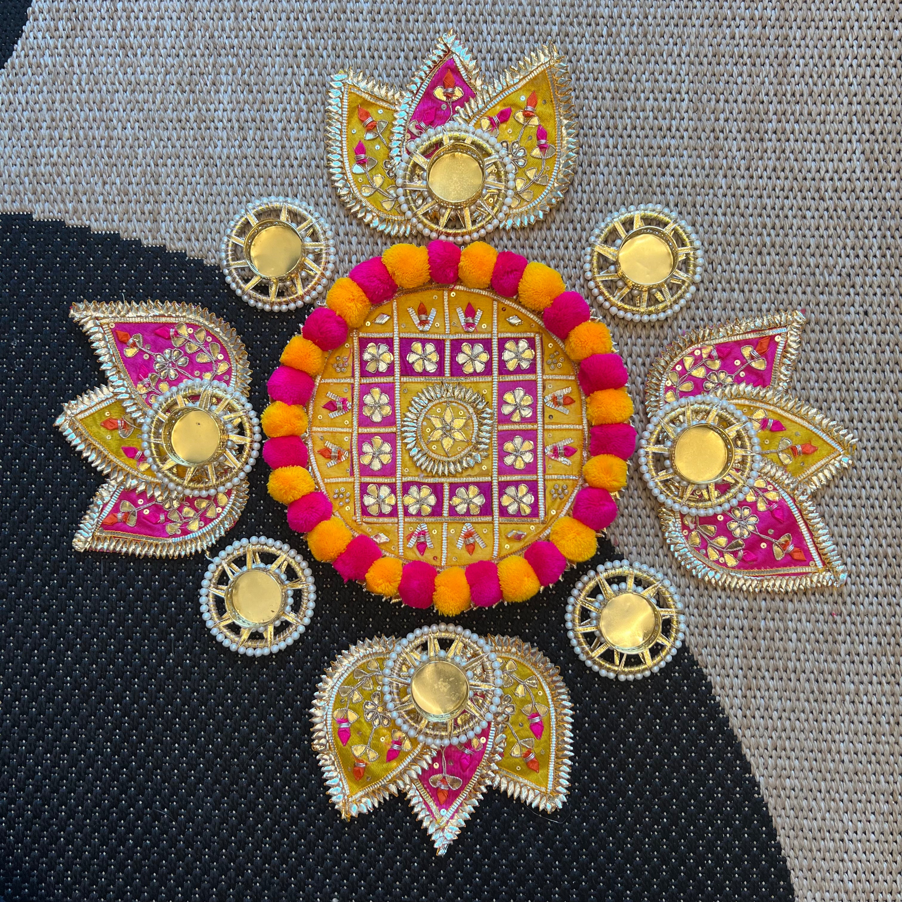 Pom Pom Rangoli T-Light Set - Yellow with Pink