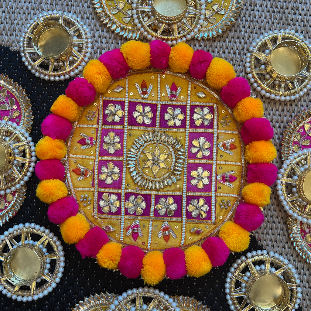 Pom Pom Rangoli T-Light Set - Yellow with Pink