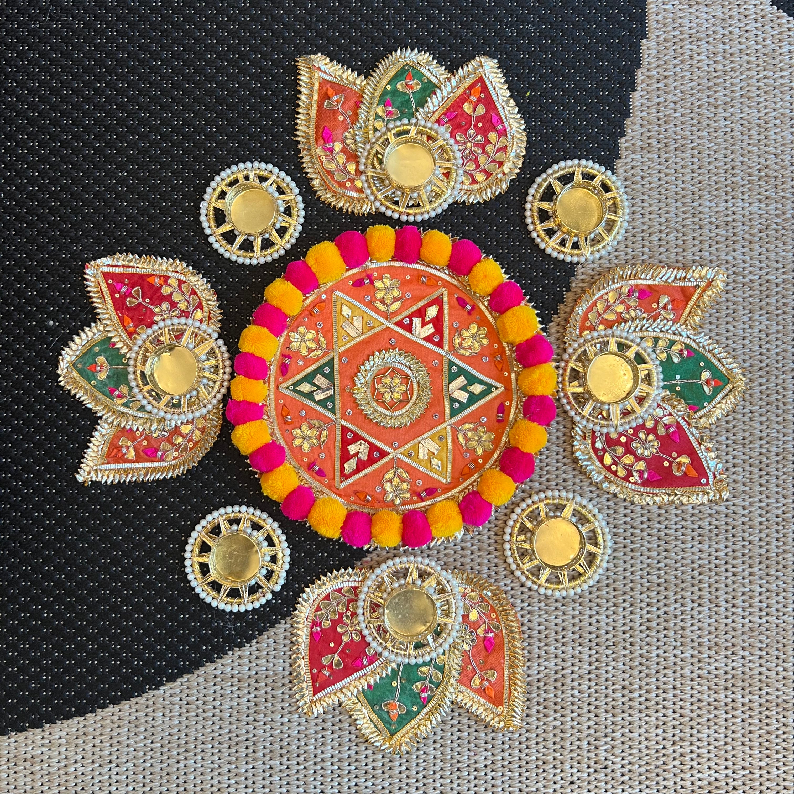 Pom Pom Rangoli T-Light Set - Orange Star
