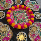 Pom Pom Rangoli T-Light Set - Pink with Green
