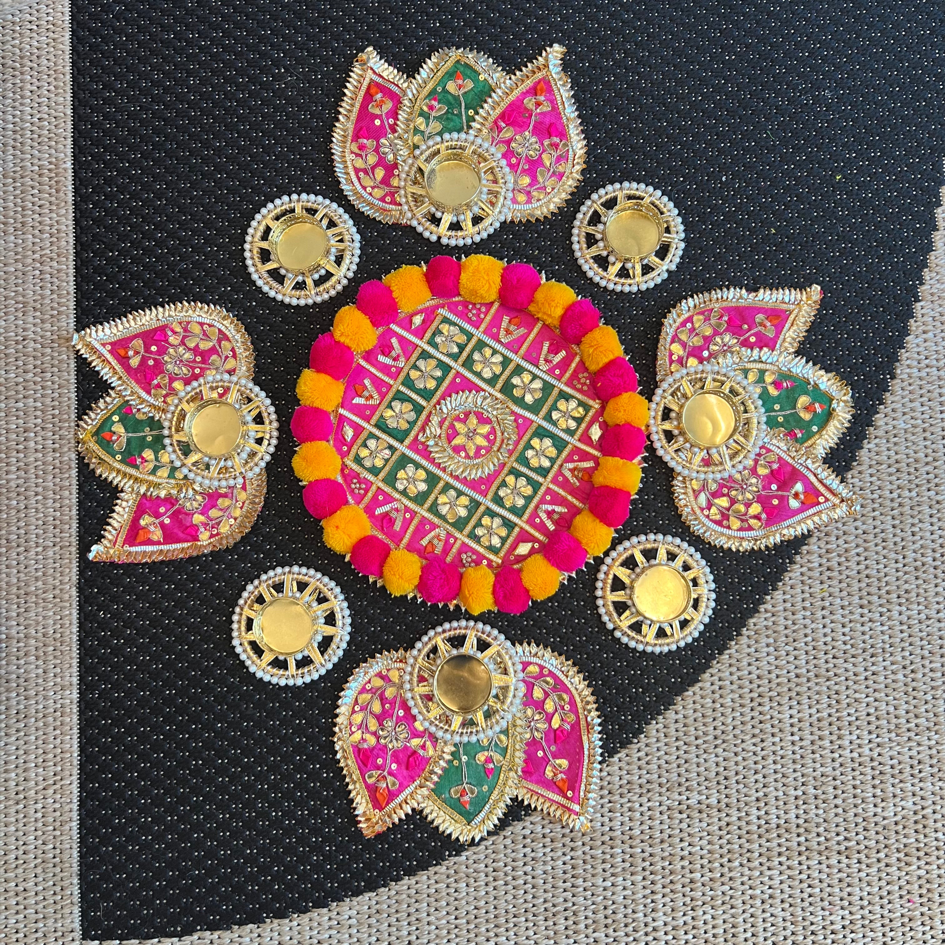 Pom Pom Rangoli T-Light Set - Pink with Green