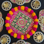Pom Pom Rangoli T-Light Set - Pink with Green