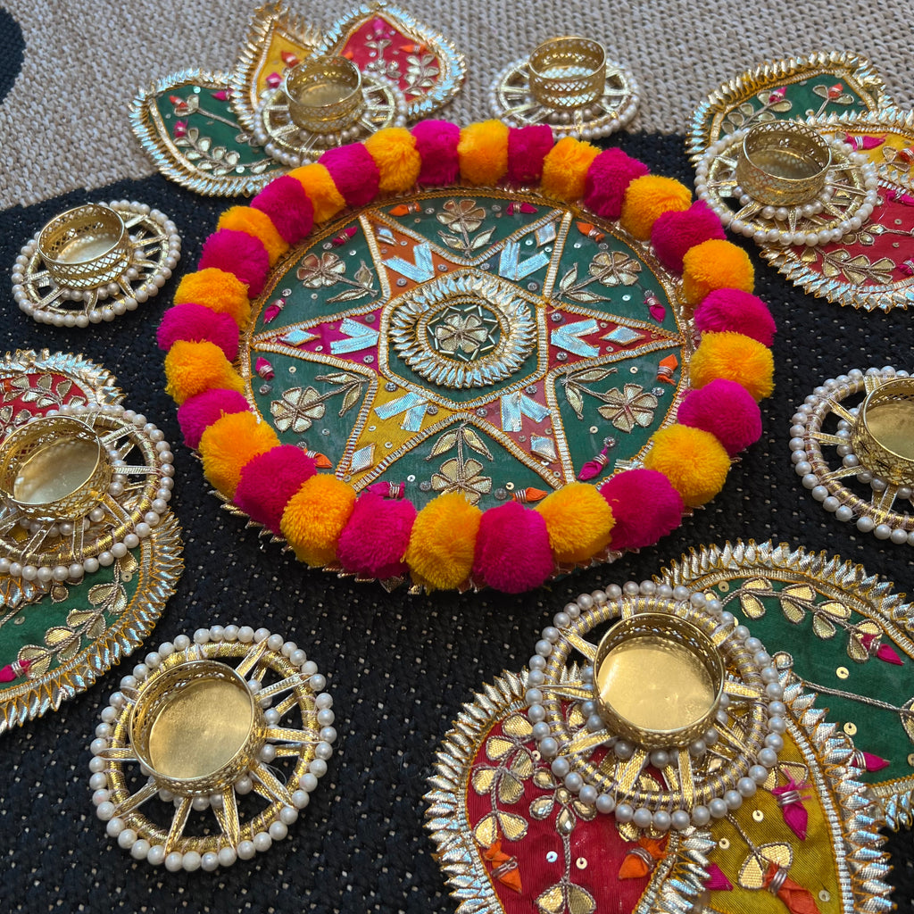 Pom Pom Rangoli T-Light Set - Green Star