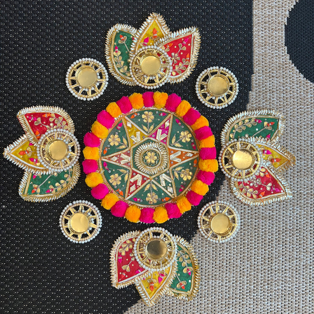 Pom Pom Rangoli T-Light Set - Green Star