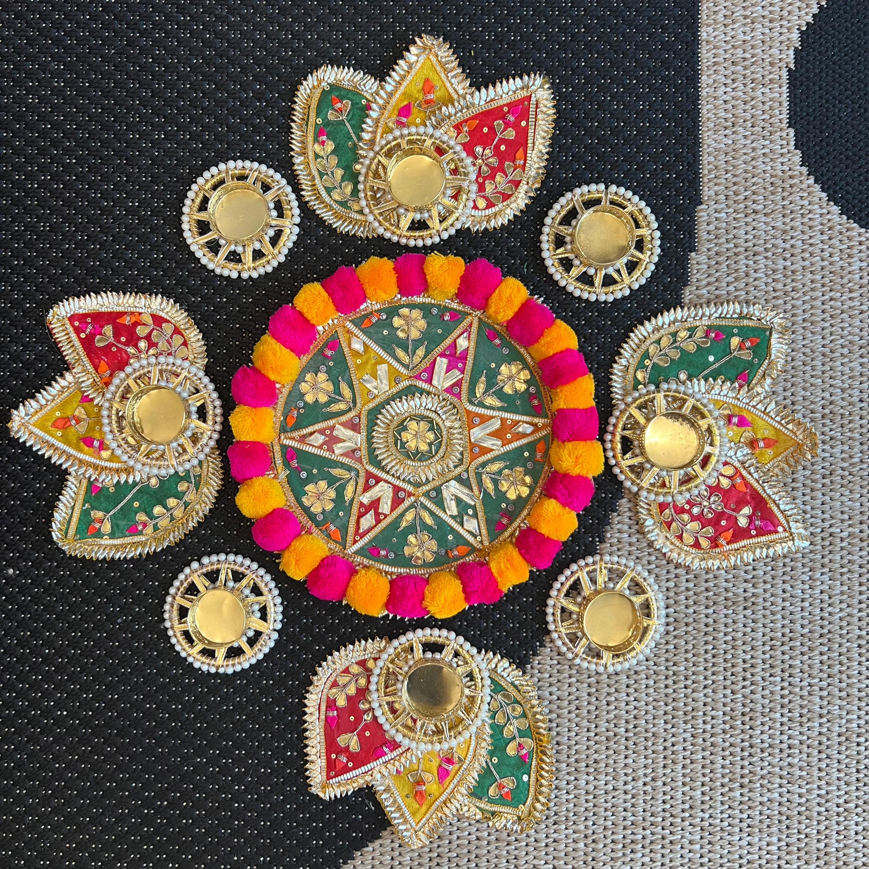 Pom Pom Rangoli T-Light Set - Green Star