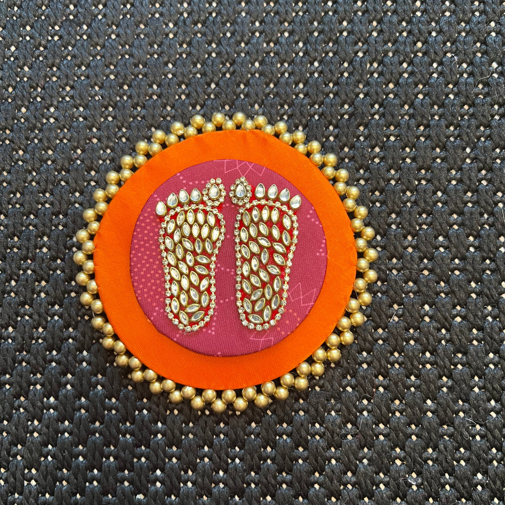 Dual Layer Kundan Laxmi Charan Mat - Orange+Maroon