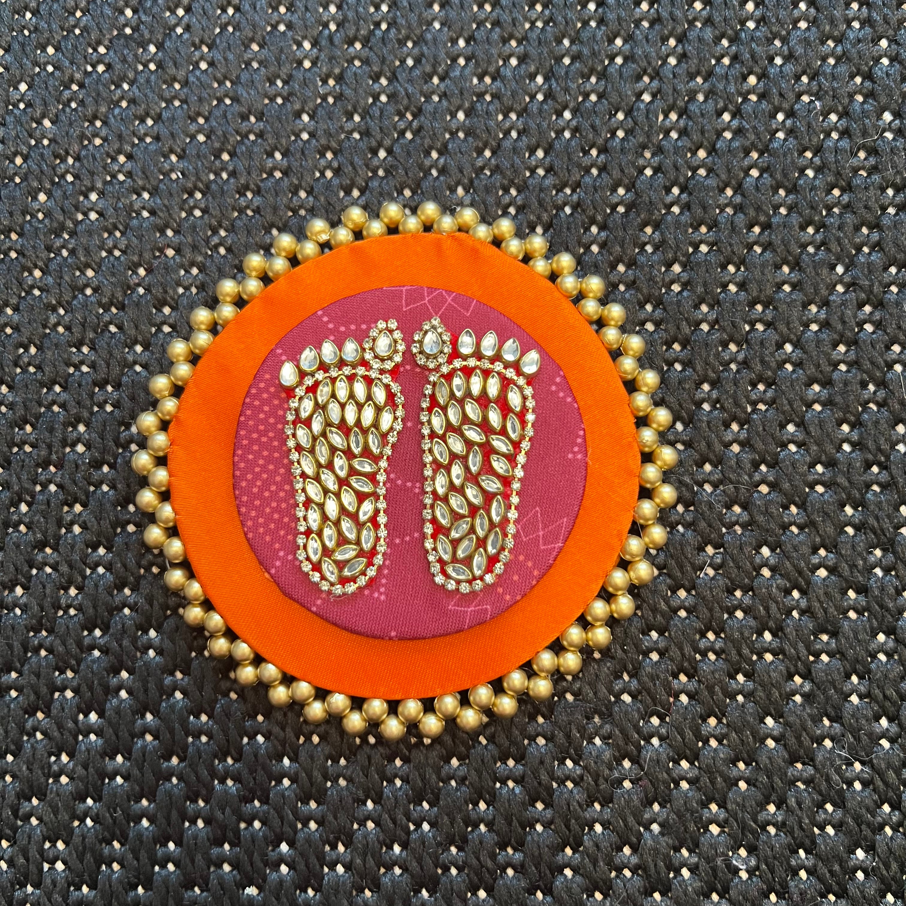 Dual Layer Kundan Laxmi Charan Mat - Orange+Maroon