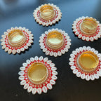 Red T-Light Cowri Shell Mat Diya (Set of 2)