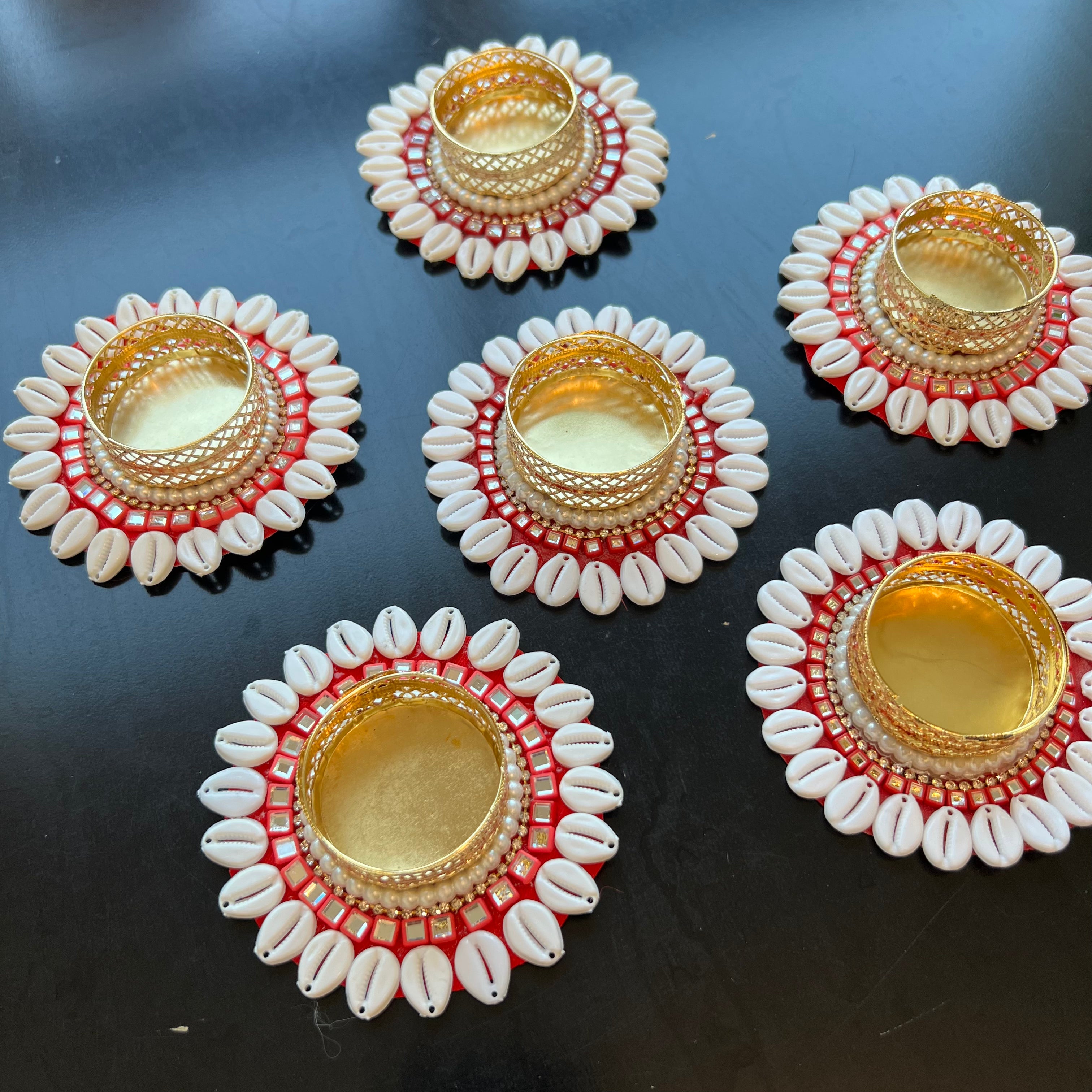 Red T-Light Cowri Shell Mat Diya (Set of 2)