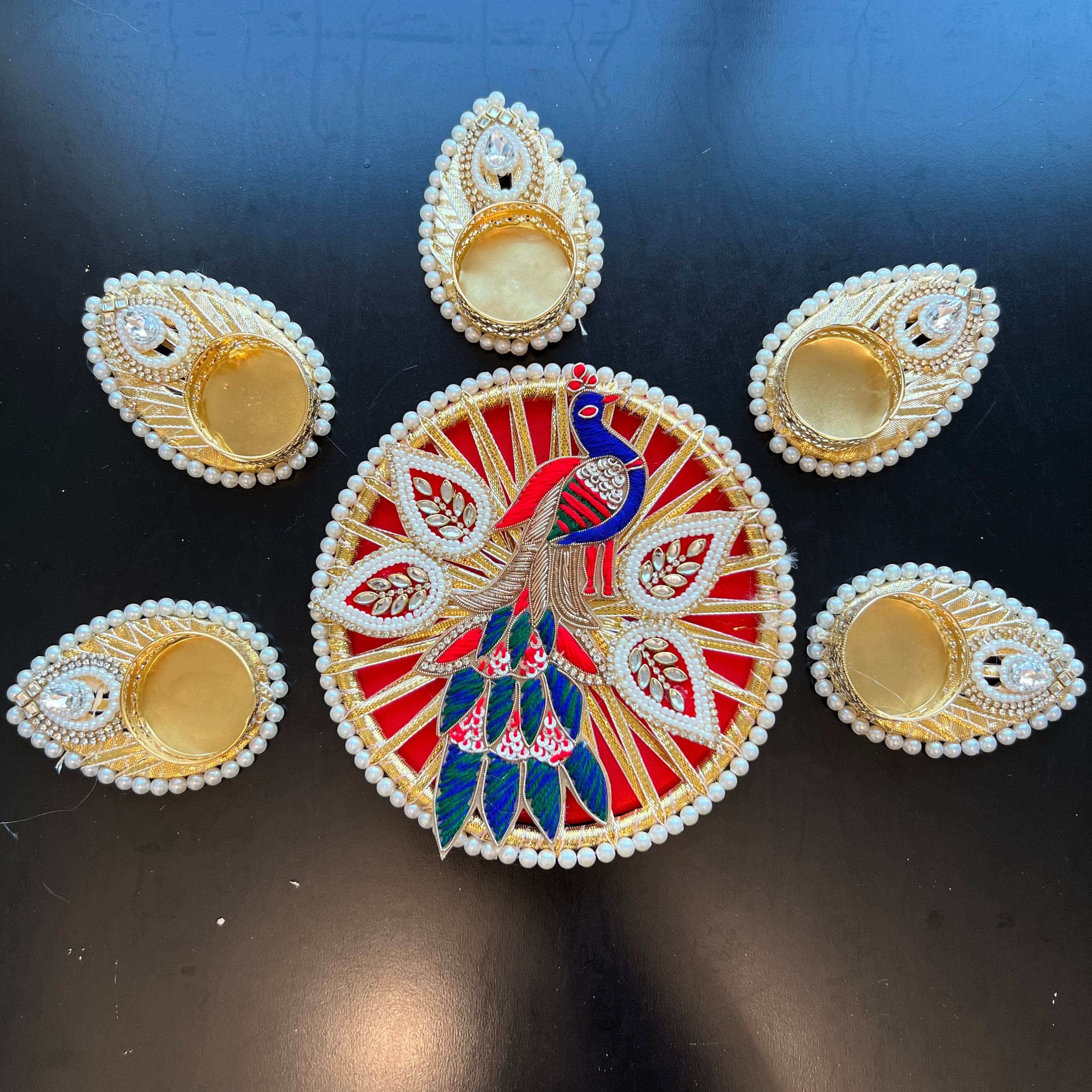 Peacock Mat Set with 5 T-Lights