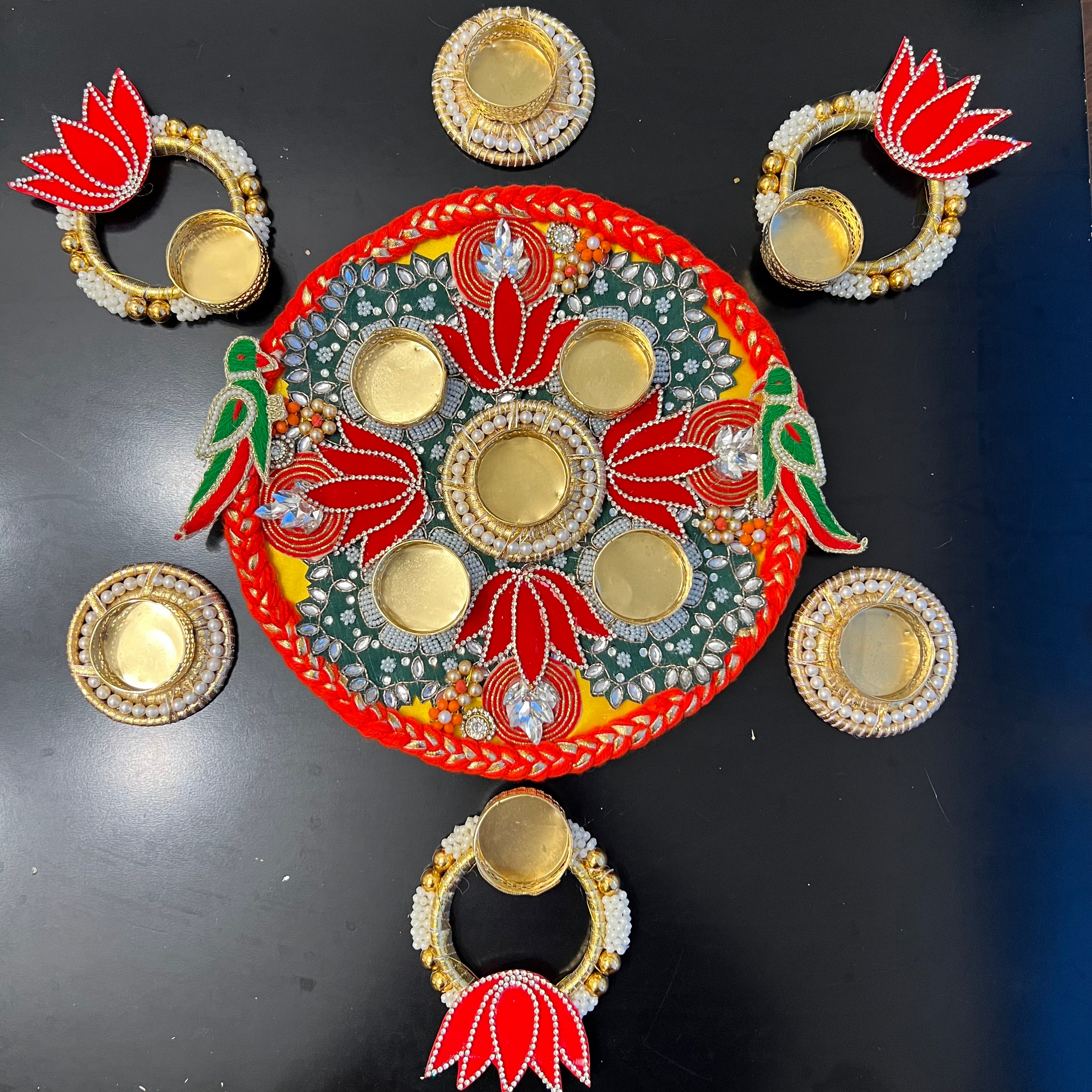 Parrot Lotus Rangoli T-Light Set - Red