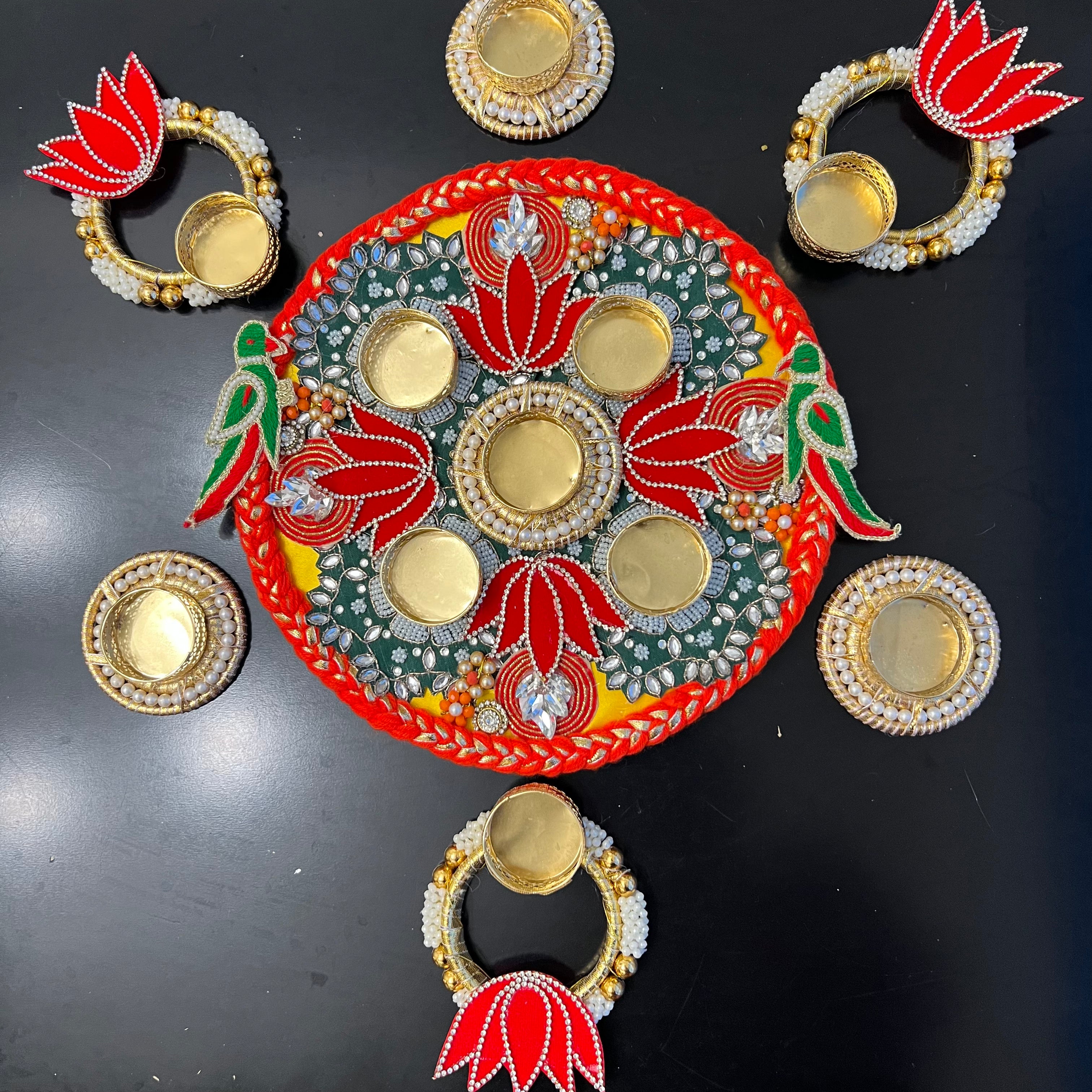 Parrot Lotus Rangoli T-Light Set - Red