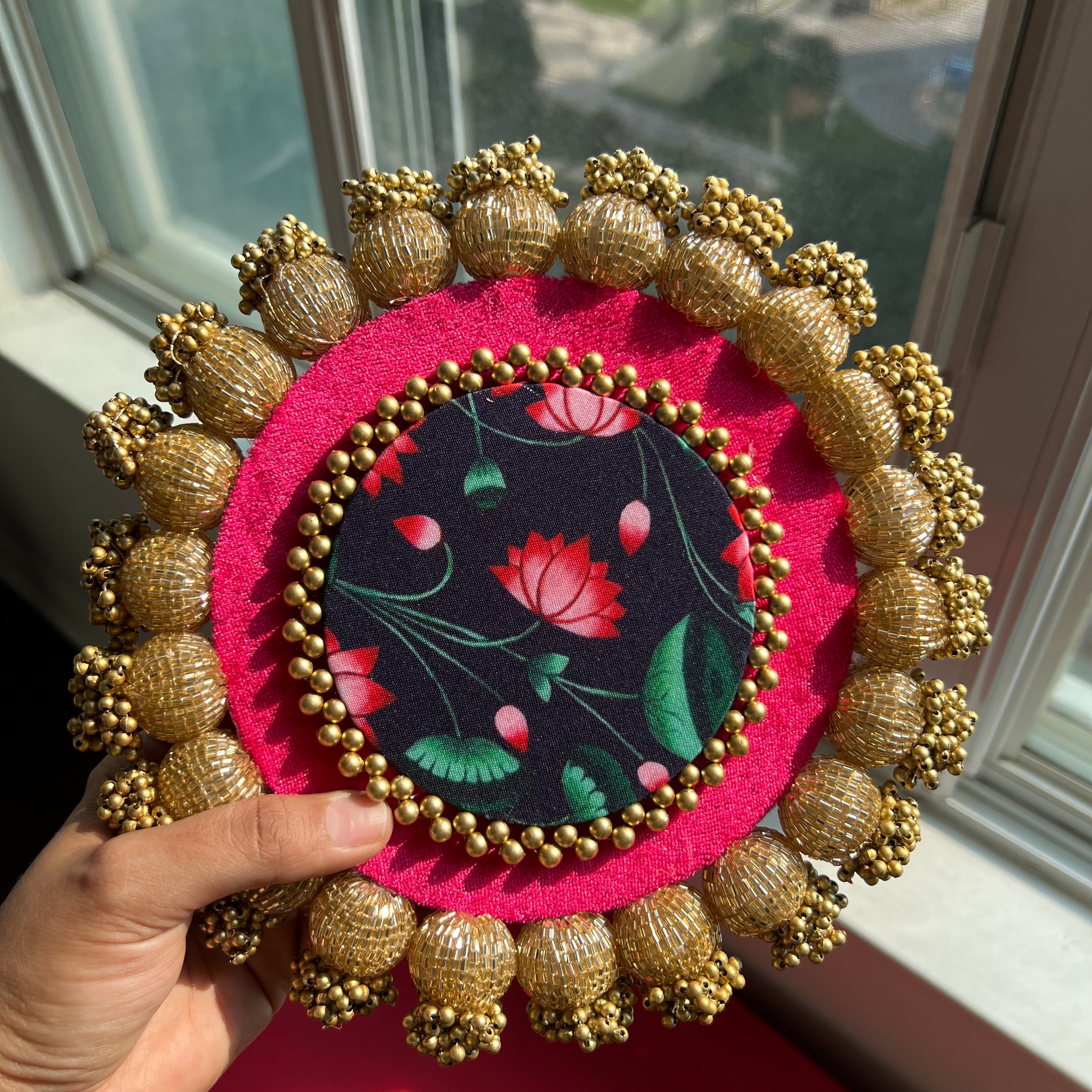Patola - Pichwai Placemat (8 Inch) - Pink/Red Lotus